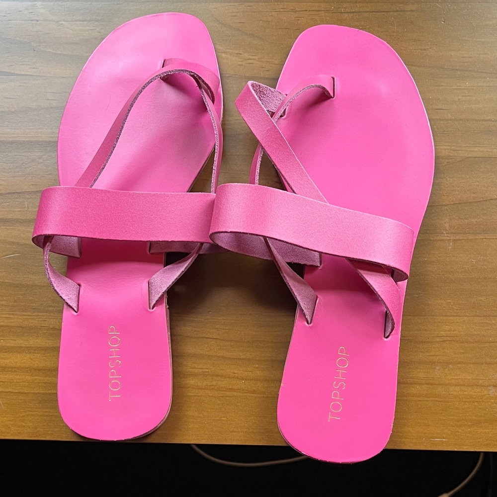 Topshop Hot Pink Strappy Flat Leather Sandals